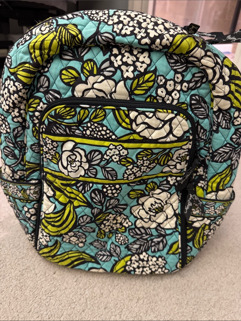 Vera Bradley Aqua Floral Quilted Campus Backpack with Lime Accents